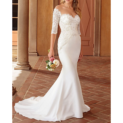 

Sheath / Column Wedding Dresses V Neck Court Train Lace Stretch Satin Half Sleeve Sexy Wedding Dress in Color with Lace Insert Appliques 2020