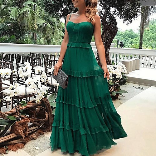 

Sheath / Column Boho Maxi Holiday Prom Dress Spaghetti Strap Sleeveless Floor Length Chiffon with Ruffles Draping 2020