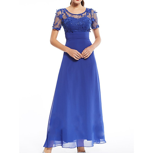 

A-Line Mother of the Bride Dress Elegant Illusion Neck Jewel Neck Floor Length Chiffon Lace Short Sleeve with Appliques Ruching 2021