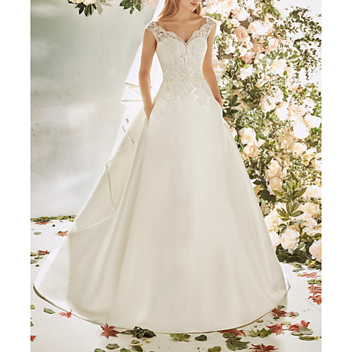 

A-Line Wedding Dresses V Neck Sweep / Brush Train Lace Tulle Cap Sleeve Vintage Sexy Wedding Dress in Color Backless with Pleats Embroidery Appliques 2020