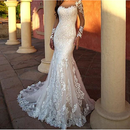 

Mermaid / Trumpet Wedding Dresses Jewel Neck Sweep / Brush Train Lace Tulle Long Sleeve Sexy with Embroidery 2020