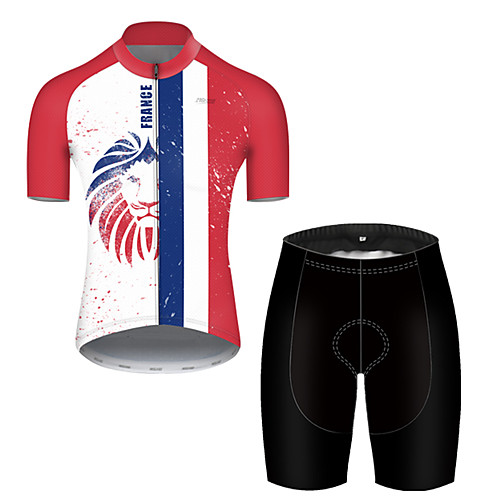 

21Grams Men's Short Sleeve Cycling Jersey with Shorts Polyester Black / Red Lion France National Flag Bike Clothing Suit Breathable Quick Dry Ultraviolet Resistant Reflective Strips Sweat-wicking