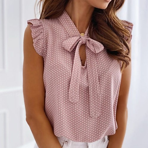

Women's Blouse Shirt Polka Dot V Neck Tops Basic Top Blushing Pink Gray
