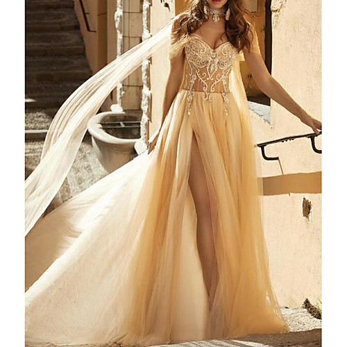 

A-Line Wedding Dresses Off Shoulder Chapel Train Lace Tulle Short Sleeve Sexy See-Through with Embroidery Split Front 2020