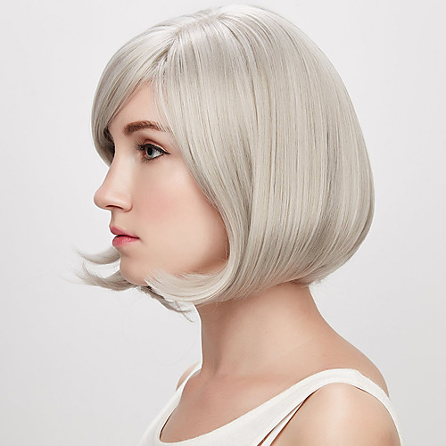 

Synthetic Wig kinky Straight With Bangs Wig Short Creamy-white Synthetic Hair 12 inch Women's Simple Classic Women Silver
