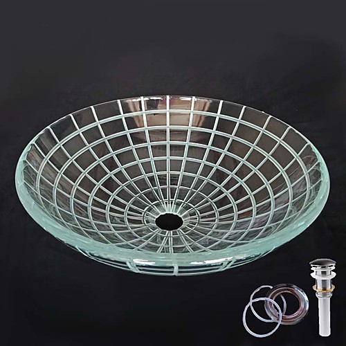 

Round Computer Carved Line Tempered Crystal Glass Vessel Sink with Pop - Up Drain and Mounting Ring