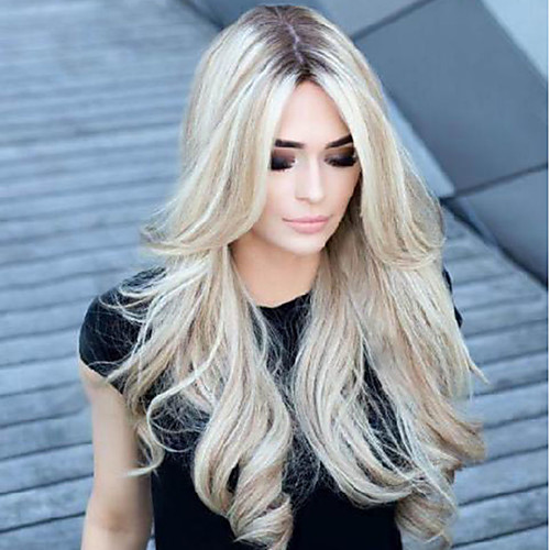 

Synthetic Wig Matte Body Wave Middle Part Wig Blonde Long Light golden Synthetic Hair 65 inch Women's Highlighted / Balayage Hair Dark Roots Middle Part Blonde Brown