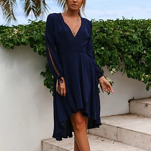 

Women's A Line Dress - Long Sleeve Solid Color Summer Fall V Neck Elegant Street chic Party Lantern Sleeve Belt Not Included 2020 Red Navy Blue S M L XL