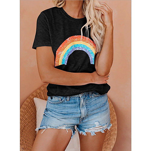 

Women's T shirt Geometric Round Neck Tops Basic Top White Black Gray
