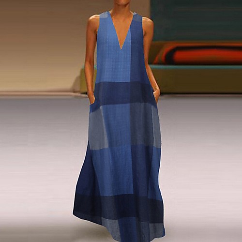 

Women's A-Line Dress Maxi long Dress - Sleeveless Color Block Summer V Neck Elegant Maxi Dress 2020 Blue Red Yellow S M L XL
