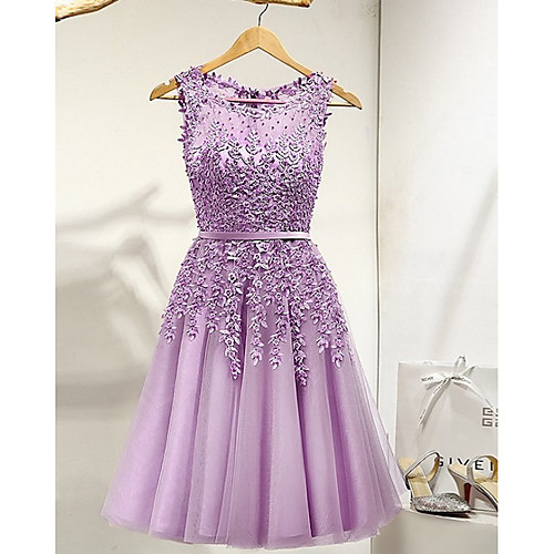 

A-Line Beautiful Back Luxurious Party Wear Engagement Dress Illusion Neck Sleeveless Knee Length Tulle with Beading Lace Insert 2020