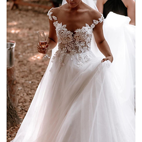 

A-Line Wedding Dresses Jewel Neck Sweep / Brush Train Lace Tulle Short Sleeve Sexy See-Through with Embroidery Appliques 2020