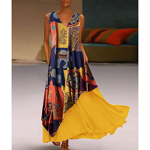 

Women's A Line Dress Maxi long Dress Red Yellow Sleeveless Print Summer V Neck Casual Mumu 2021 M L XL XXL 3XL 4XL 5XL