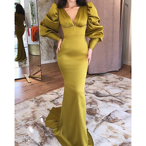 

Mermaid / Trumpet Elegant Vintage Engagement Formal Evening Dress V Neck Long Sleeve Sweep / Brush Train Stretch Satin with Sleek 2021