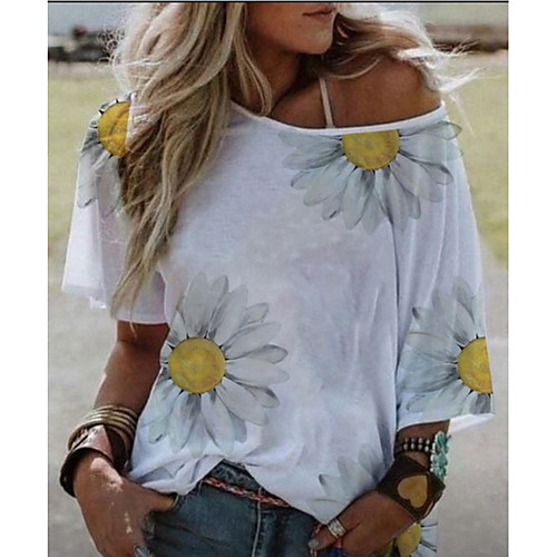 

Women's T shirt Floral Flower Round Neck Tops Basic Top White Black Blue