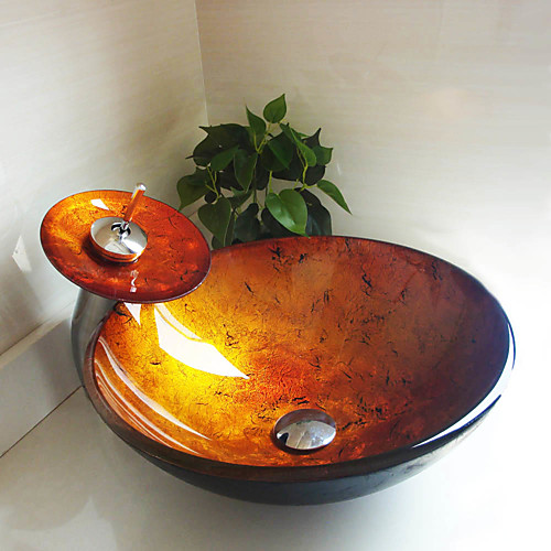 

Round Golden Tempered Glass Vessel Sink with Waterfall Faucet Pop - Up Drain and Mounting Ring