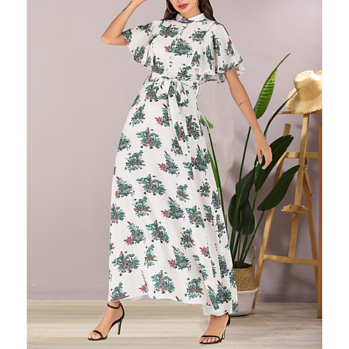 

Women's Maxi Chiffon Dress - Short Sleeves Print Summer Elegant Boho Daily Going out Butterfly Sleeve 2020 White M L XL XXL