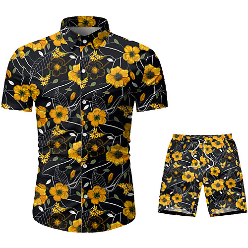

Men's Floral Graphic Print Set Beach Tropical Holiday Going out Black / Short Sleeve