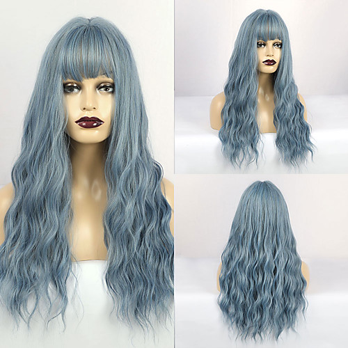 

Synthetic Wig Matte Water Wave Middle Part Neat Bang Wig Long Lake Blue Synthetic Hair 24 inch Women's Lovely curling Fluffy Blue