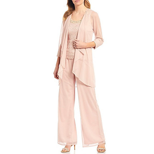 

Two Piece Pantsuit / Jumpsuit Mother of the Bride Dress Elegant Jewel Neck Floor Length Chiffon Lace 3/4 Length Sleeve with Lace Appliques 2020
