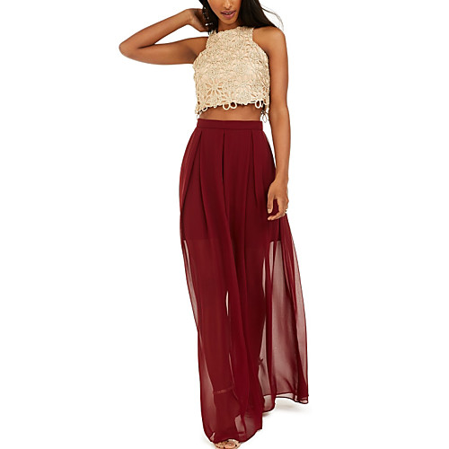 

Two Piece Color Block Red Party Wear Prom Dress Jewel Neck Sleeveless Floor Length Chiffon with Pleats Appliques 2020
