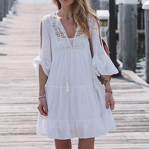 

Women's A Line Dress - 3/4 Length Sleeve Solid Color Summer Street chic 2020 White Black Blue Purple Orange Green Dark Gray Light Green Light Blue S M L