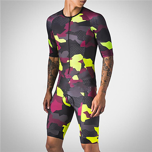 

21Grams Men's Short Sleeve Triathlon Tri Suit Spandex Red / Yellow Camo / Camouflage Bike UV Resistant Quick Dry Breathable Sports Camo / Camouflage Mountain Bike MTB Road Bike Cycling Clothing