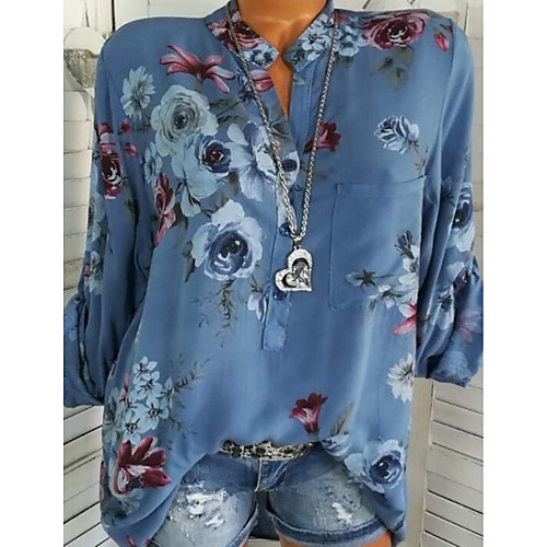 

Women's Floral Patchwork Print Shirt Basic Going out Casual / Daily Shirt Collar White / Blue / Green
