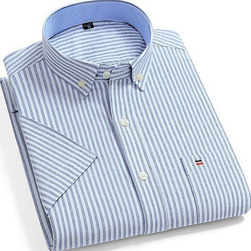 

Men's Striped Plaid Print Shirt - Cotton Daily Button Down Collar Blue / Short Sleeve