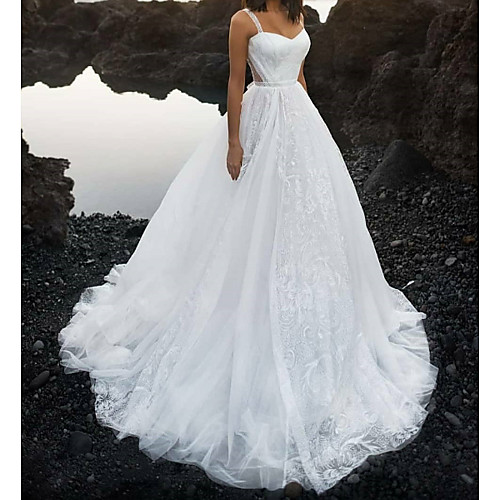 

A-Line Wedding Dresses Sweetheart Neckline Spaghetti Strap Court Train Lace Tulle Sleeveless Sexy with Lace 2020