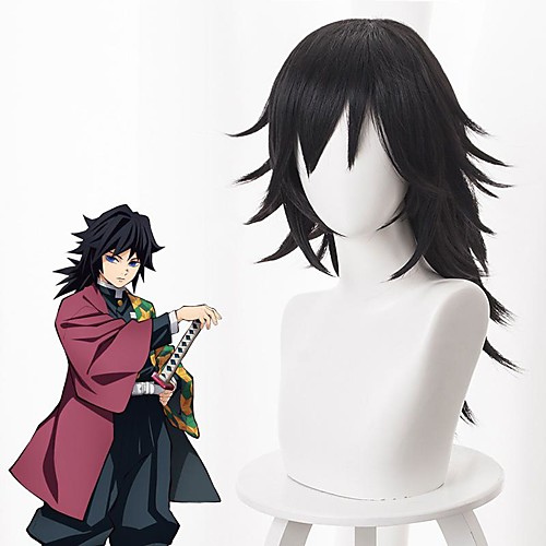 

Demon Slayer: Kimetsu no Yaiba Tomioka Giyuu Cosplay Wigs Men's Layered Haircut 16 inch Heat Resistant Fiber Curly Black Teen Adults' Anime Wig