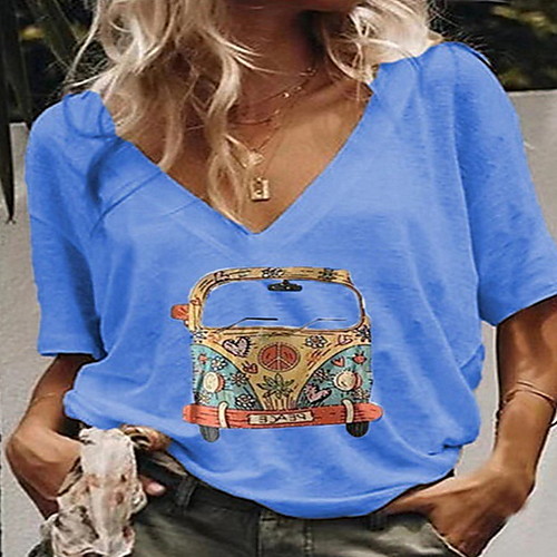 

Women's Cartoon Loose T-shirt Daily V Neck White / Blue / Red / Khaki