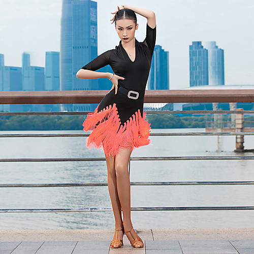 

Latin Dance Dress Tassel Women's Performance Half Sleeve Milk Fiber