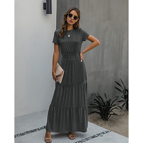 

Women's A Line Dress Maxi long Dress Blue Orange Dark Gray Short Sleeve Solid Color Summer Round Neck Streetwear 2021 S M L XL XXL