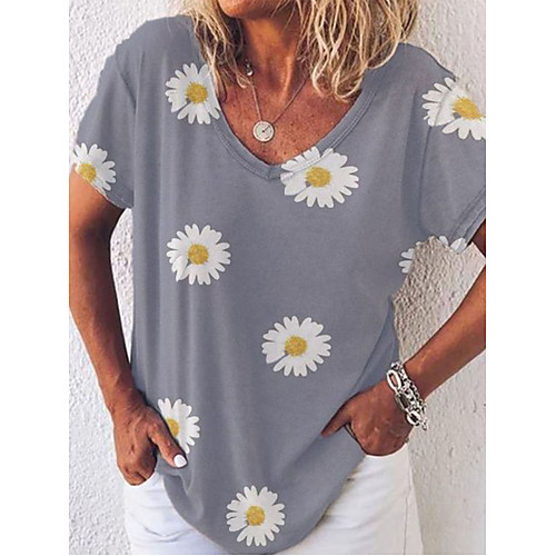 

Women's Floral Solid Colored Daisy Patchwork Print T-shirt Basic Street chic Daily Going out V Neck Blue / Yellow / Khaki / Gray