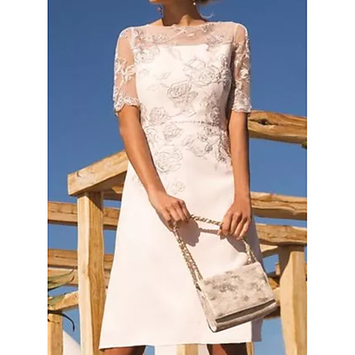 

Sheath / Column Mother of the Bride Dress Elegant Illusion Neck Jewel Neck Knee Length Chiffon Lace Tulle Short Sleeve with Appliques 2020