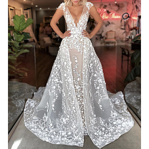 

A-Line Wedding Dresses Plunging Neck Sweep / Brush Train Detachable Lace Tulle Short Sleeve Sexy See-Through with Embroidery 2020