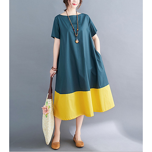 

Women's Sheath Dress - Short Sleeves Color Block Summer Elegant Chinoiserie 2020 Navy Blue M L XL