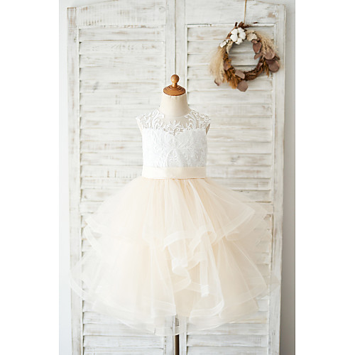

Ball Gown Knee Length Wedding / Birthday Flower Girl Dresses - Lace / Tulle Sleeveless Jewel Neck with Belt / Tiered