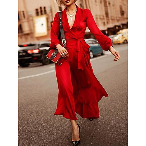 

Sheath / Column Elegant Maxi Holiday Formal Evening Dress V Neck Long Sleeve Ankle Length Spandex with Sash / Ribbon 2020