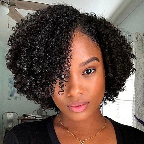 

Remy Human Hair Lace Front Wig Free Part style Indian Hair Curly Black Wig 130% 150% Density with Baby Hair Lace Natural Hairline with Clip Glueless Women's Short Human Hair Lace Wig WoWEbony