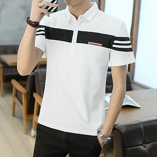 

Men's Striped Color Block Slim Polo Basic Elegant Daily Work Shirt Collar White / Black / Gray / Short Sleeve