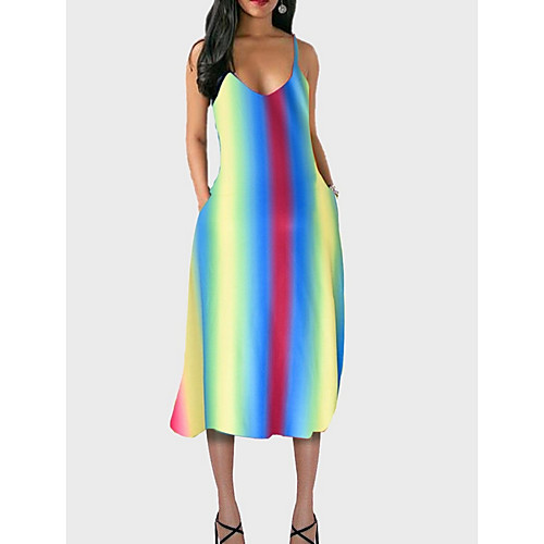 

Women's A Line Dress - Sleeveless Color Block Summer Casual Elegant 2020 Rainbow M L XL XXL XXXL