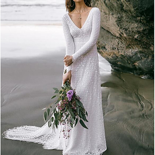 

A-Line Wedding Dresses V Neck Sweep / Brush Train Lace Long Sleeve Boho Sexy Backless with Embroidery 2021
