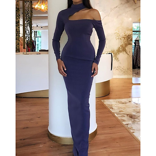 

Mermaid / Trumpet Elegant Purple Party Wear Formal Evening Dress One Shoulder Long Sleeve Floor Length Satin with Sleek 2020