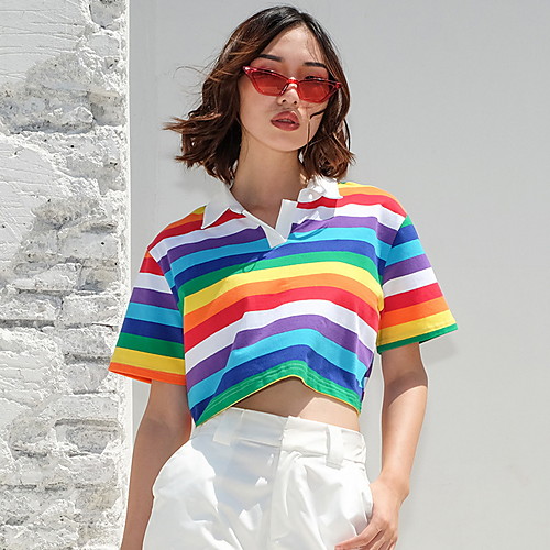 

Rainbow Stripe Half Placket Crop Tee