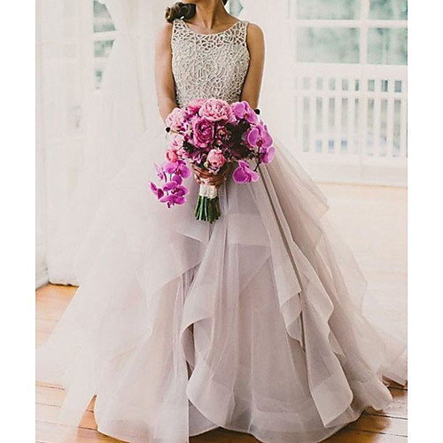 

A-Line Wedding Dresses Jewel Neck Court Train Lace Tulle Sleeveless Sexy Wedding Dress in Color with Cascading Ruffles 2020