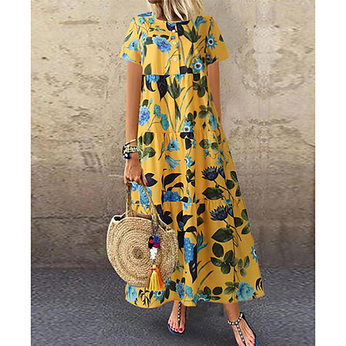 

Women's Swing Dress Cotton Maxi long Dress - Short Sleeves Print Summer Casual Mumu Cotton 2020 Yellow M L XL XXL XXXL XXXXL XXXXXL