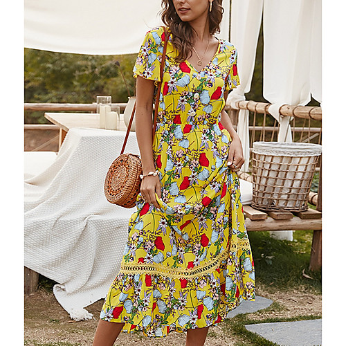 

Women's A-Line Dress Midi Dress Short Sleeve Floral Summer Casual 2021 Red Yellow S M L XL