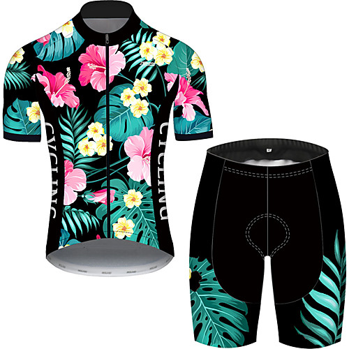 

21Grams Men's Short Sleeve Cycling Jersey with Shorts Black / Green Floral Botanical Bike UV Resistant Quick Dry Sports Patterned Mountain Bike MTB Road Bike Cycling Clothing Apparel / Stretchy